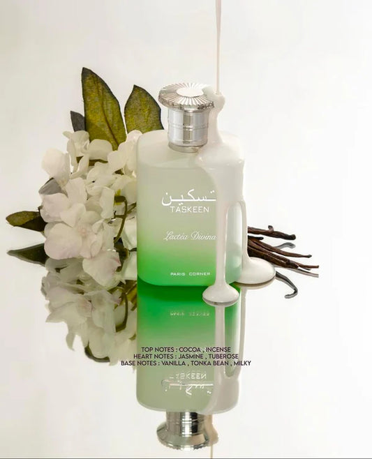 Paris Corner Taskeen Lactéa Divina Eau de Parfum in eleganter Flasche mit floral-frischen Duftnoten, sichtbar auf dem Bild.