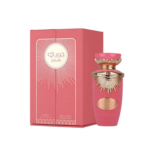 Lattafa Jouri Eau de Parfum Flasche mit eleganter Gestaltung und goldenen Akzenten, Parfüm für Damen und Herren