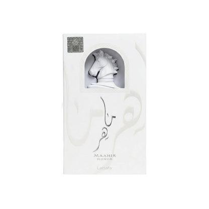 Lattafa Maahir Honor Eau de Parfum Flasche mit eleganter Verpackung, Duftbeschreibung und stilvollem Design, sichtbar auf dem Bild.