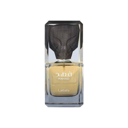 Lattafa Fahad Eau de Parfum Flasche mit goldener Verpackung und eleganter Gestaltung, Parfüm für Herren