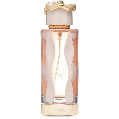 Lattafa Teriaq Eau de Parfum Flasche, elegantes Parfüm-Design, goldene Akzente, für Damen und Herren sichtbar.