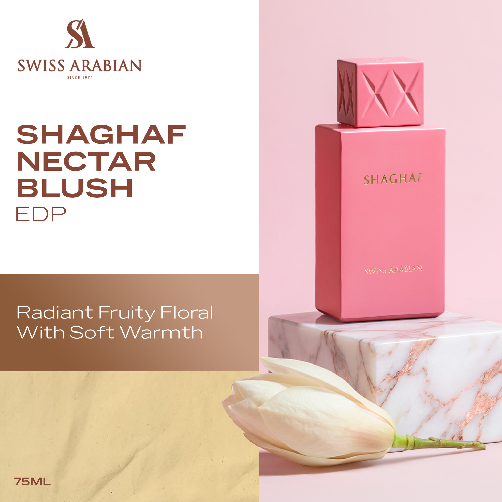 SWISS ARABIAN Nectar Blush Eau de Parfum Flasche mit rosa und goldfarbenem Design, elegantes Parfüm für Damen