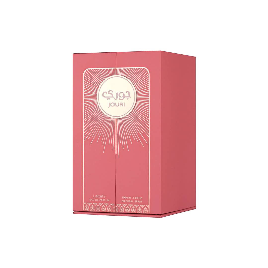 Lattafa Jouri Eau de Parfum Flasche mit floralem und fruchtigem Duft, elegantes Design, für Damen und Herren