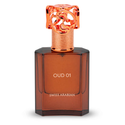 SWISS ARABIAN Oud 01 Eau de Parfum Flasche mit goldener Kappe und eleganten Design, Duftnote für Männer und Frauen