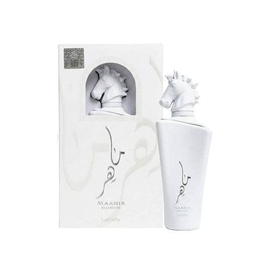 Lattafa Maahir Honor Eau de Parfum Flasche mit elegantem Design, zeigt das Parfüm mit goldener Kappe und blassgoldenem Flüssigkeit.
