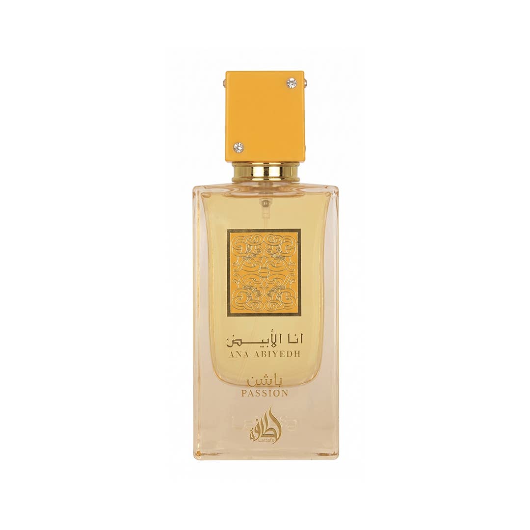 Lattafa Ana Abiyedh Passion Eau de Parfum Flasche mit floralem und fruchtigem Design, elegantes Parfum für Damen