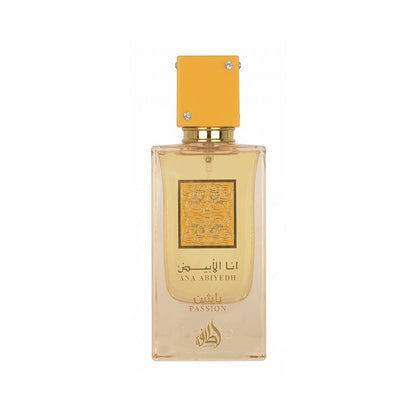 Lattafa Ana Abiyedh Passion Eau de Parfum Flasche mit floralem und fruchtigem Design, elegantes Parfum für Damen