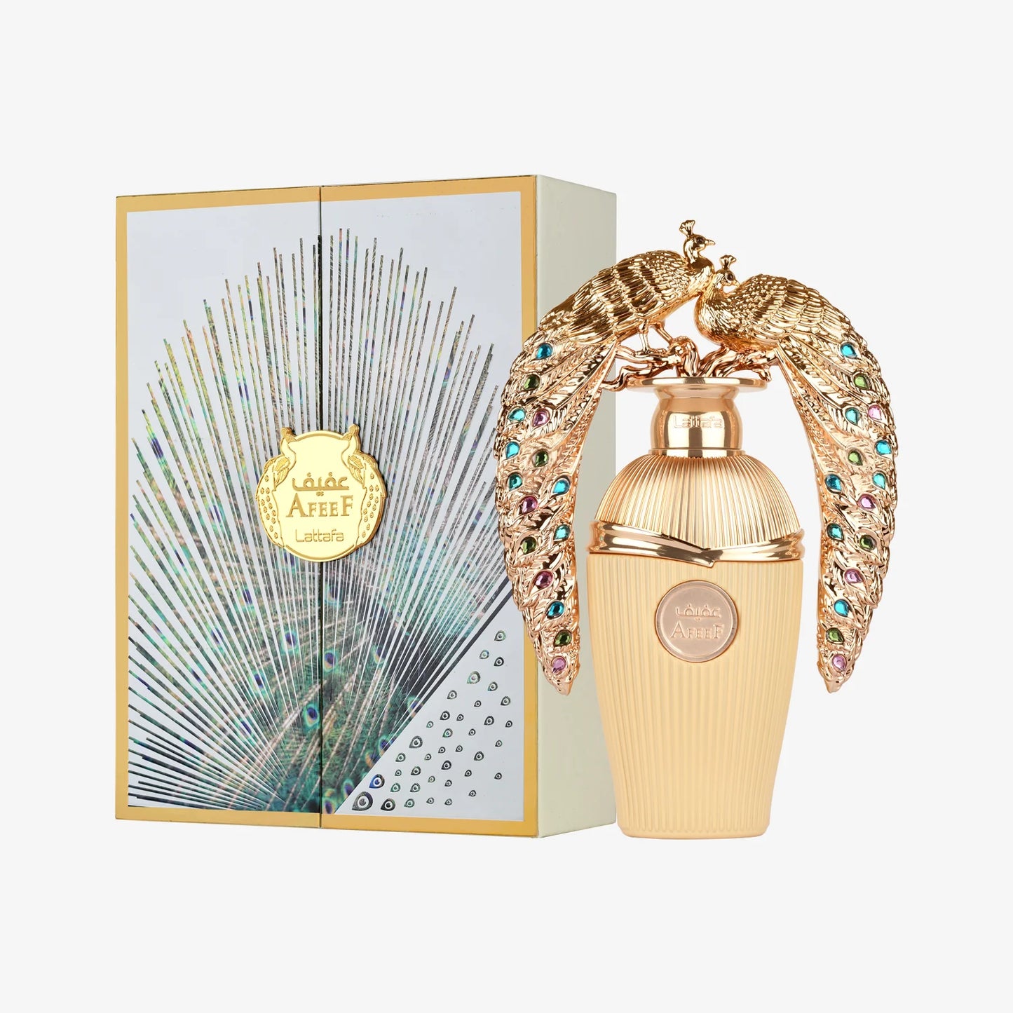 Lattafa Afeef Eau de Parfum Flasche mit goldener Kappe und eleganter Gestaltung, Parfüm für Damen und Herren.