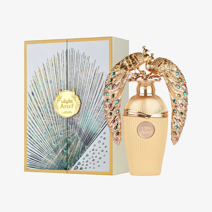 Lattafa Afeef Eau de Parfum Flasche mit goldener Kappe und eleganter Gestaltung, Parfüm für Damen und Herren.