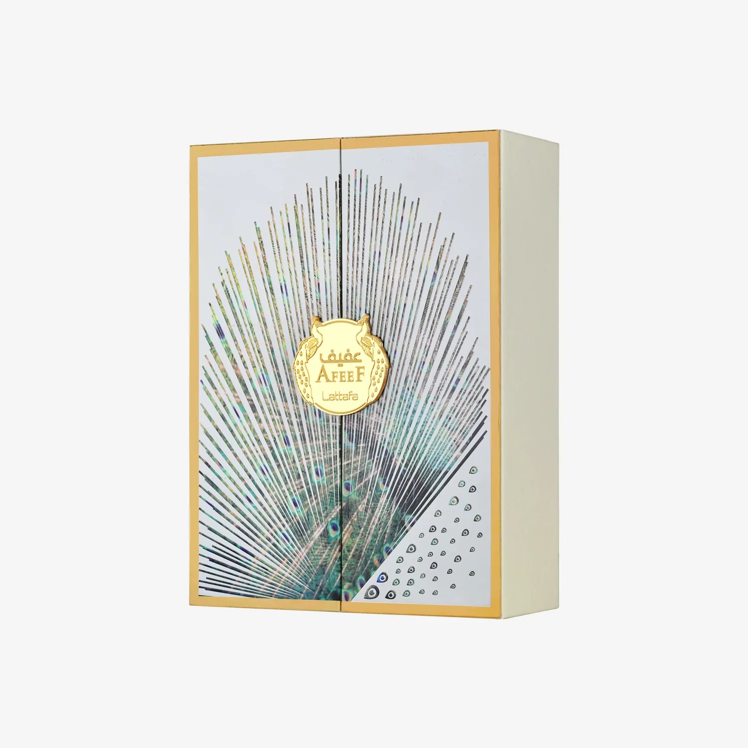 Lattafa Afeef Eau de Parfum Flasche mit goldener Verpackung, elegantes Parfüm für Männer und Frauen.