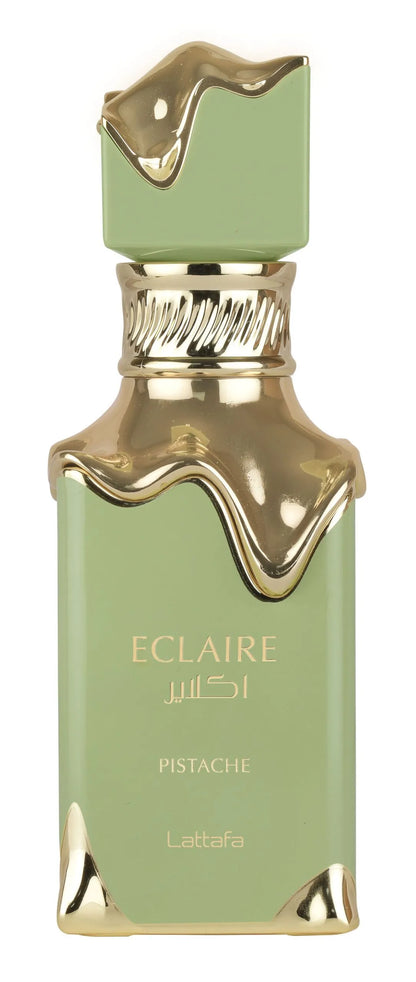 Lattafa Eclaire Pistache Eau de Parfum Flasche mit grüner Verpackung und blumigem Design, für Damen und Herren