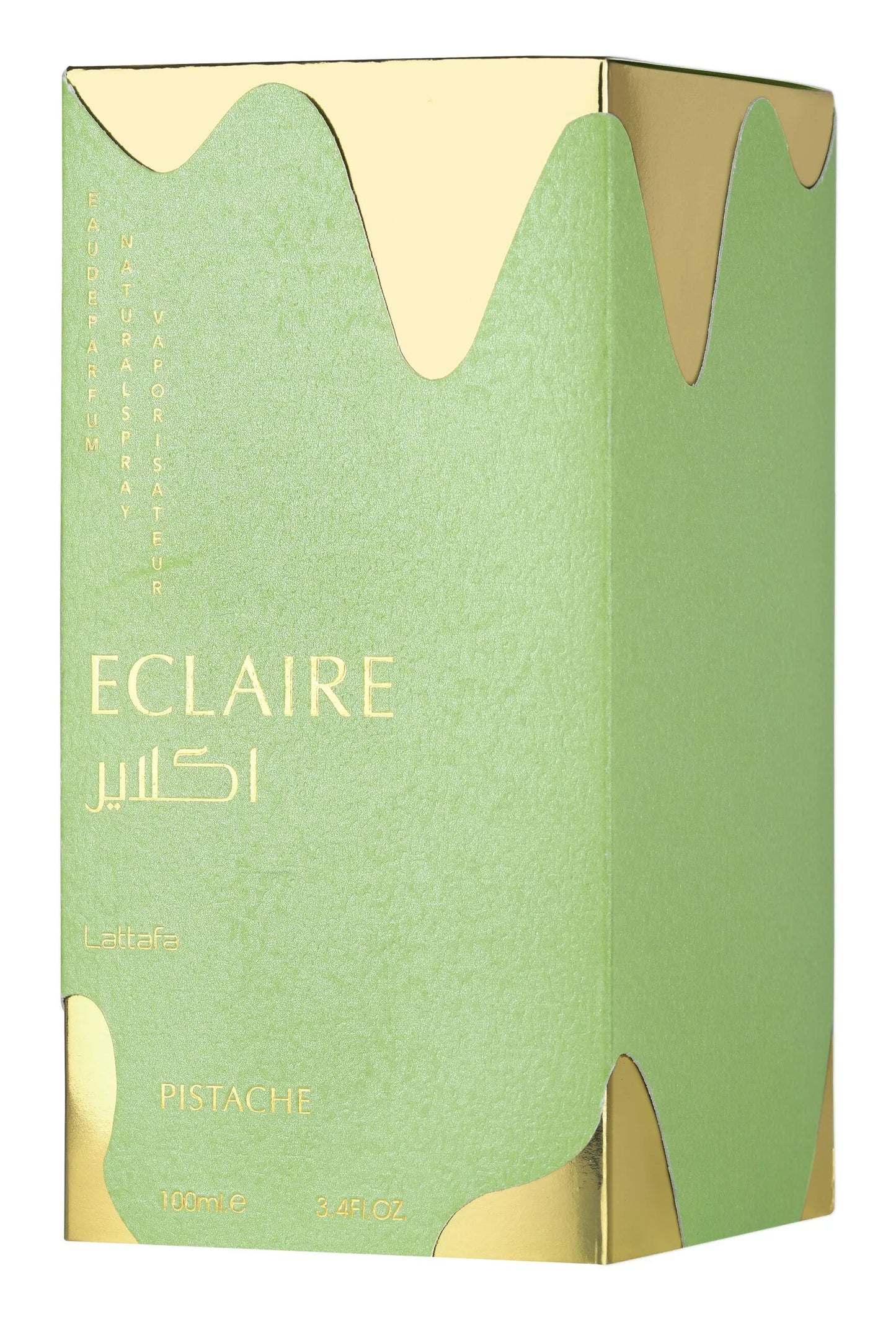 Lattafa Eclaire Pistache Eau de Parfum in Verpackung, zeigt die elegante Flasche mit Pistazien-Duftnote.