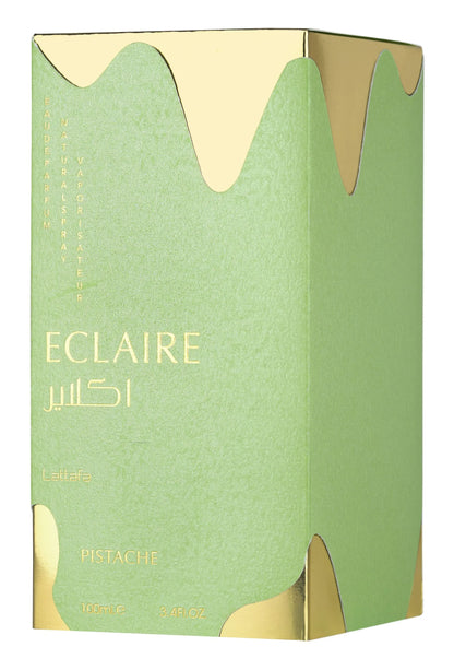 Lattafa Eclaire Pistache Eau de Parfum in Verpackung, zeigt die elegante Flasche mit Pistazien-Duftnote.