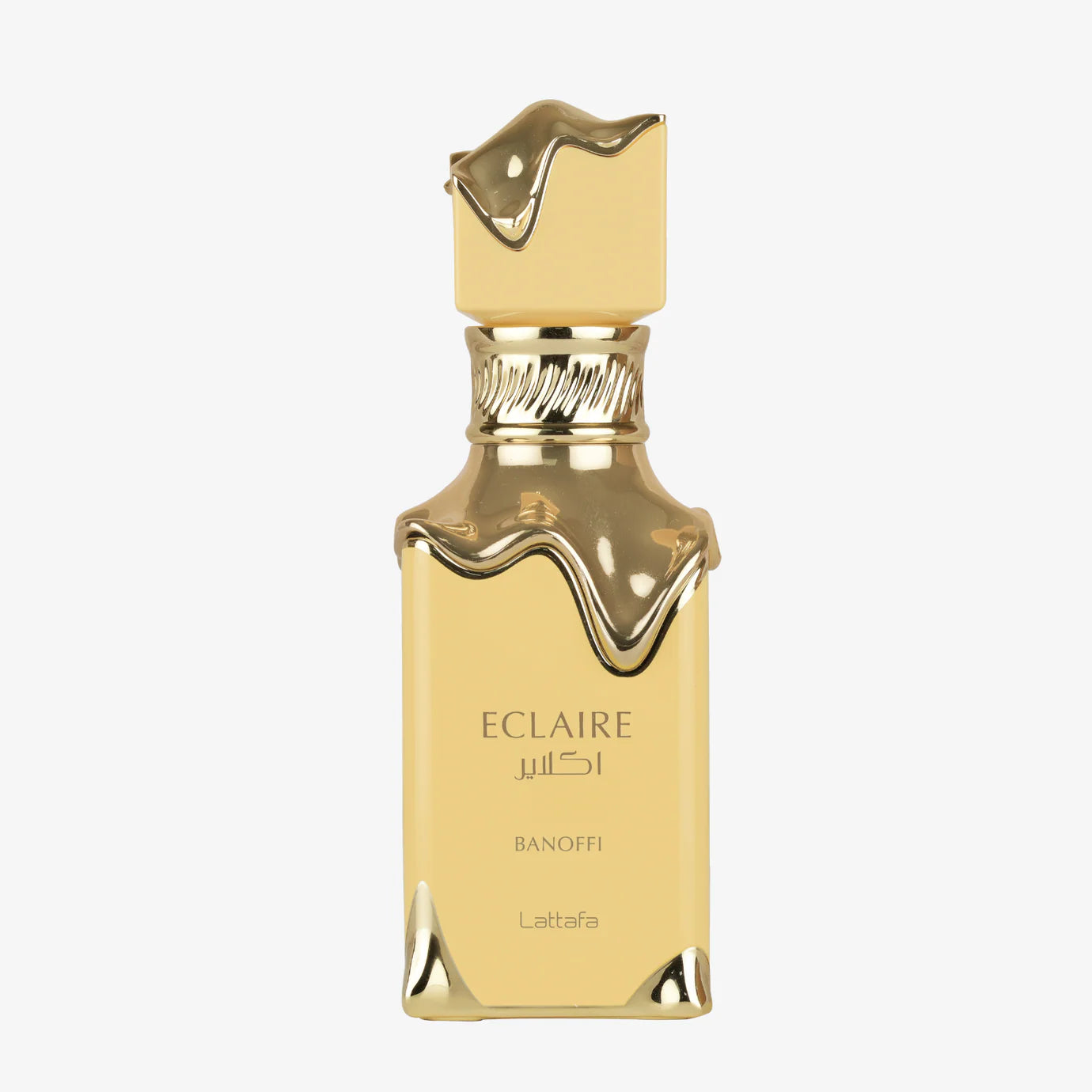 Lattafa Eclaire Banoffi Eau de Parfum Flasche mit goldener Verpackung und eleganter Schrift auf schwarzem Hintergrund.