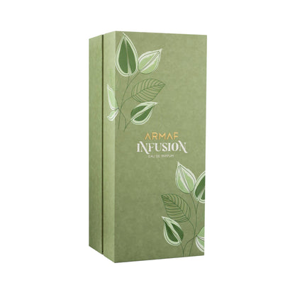 Armaf Infusion Eau de Parfum Flasche mit eleganter Verpackung und blumigen Duftnoten, sichtbar auf einem stilvollen Hintergrund