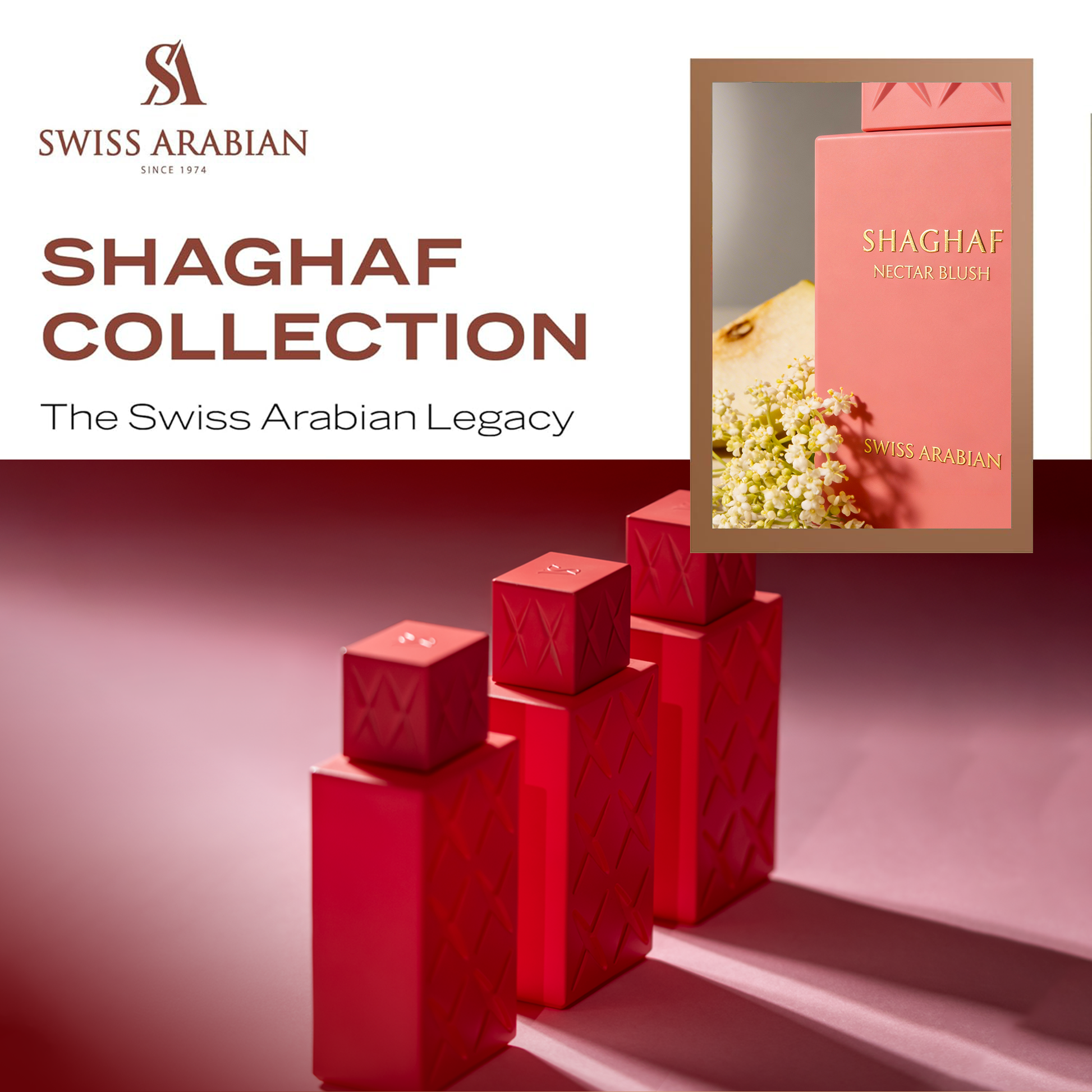 SWISS ARABIAN Nectar Blush Eau de Parfum Flasche mit blassrosa Duft- und Parfümflasche, elegante Verpackung, stilvolles Design