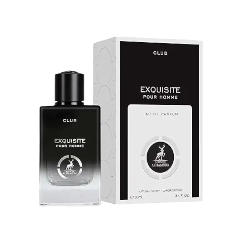 Maison Alhambra Exquisite Club Eau de Parfum Flasche mit elegantem Design, sichtbarer Duft- und Markenlogo, stilvoll präsentiert