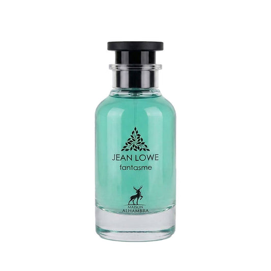 Maison Alhambra Jean Lowe Fantasme Eau de Parfum Flasche mit goldenem Verschluss und floralem Design auf transparentem Hintergrund