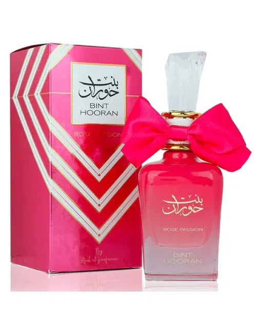 Ard Al Zaafaran Bint Hooran Rose Passion Eau de Parfum, 100ml, mit rosigen Duftnoten und eleganter Flasche sichtbar.
