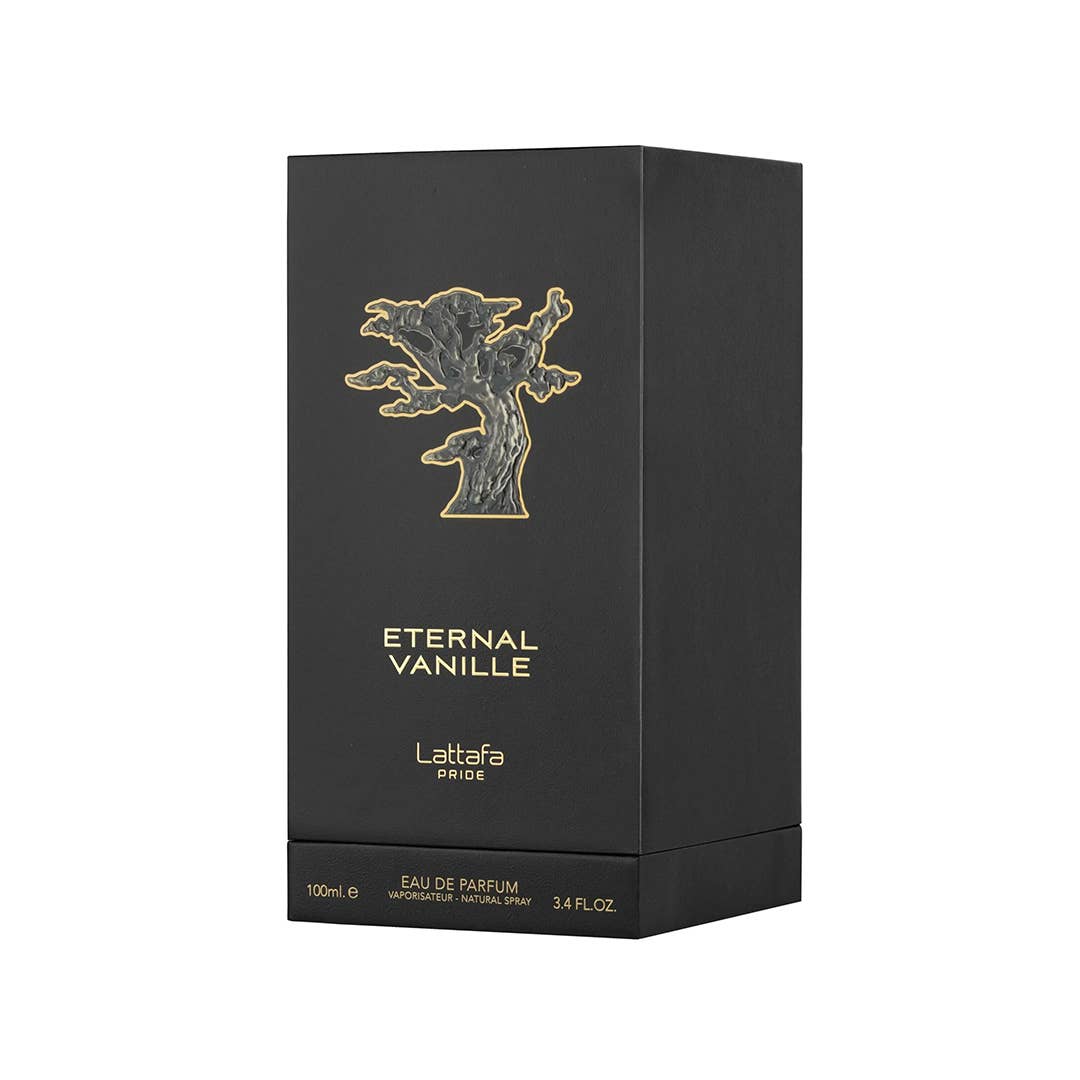 Lattafa Pride Eternal Vanilla Eau de Parfum Flasche mit goldener Kappe und eleganter Verpackung, Duftbeschreibung sichtbar