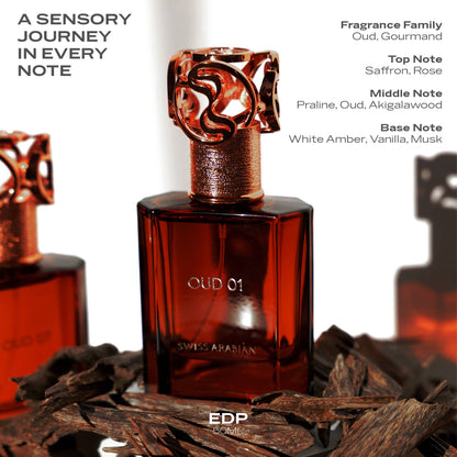 SWISS ARABIAN Oud 01 Eau de Parfum Flasche mit goldener Verpackung und eleganten Design auf weißem Hintergrund