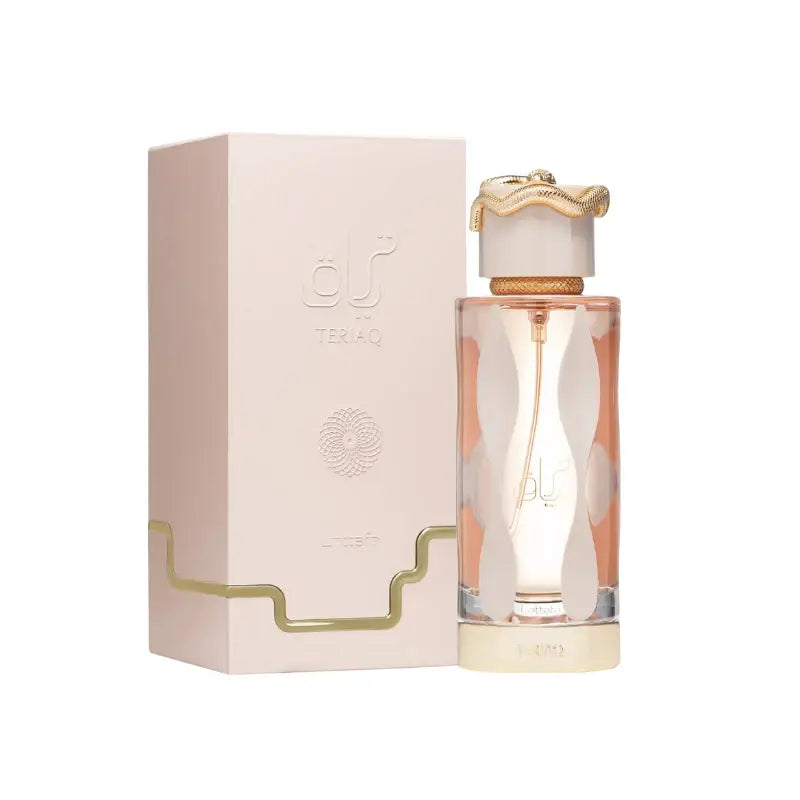 Lattafa Teriaq Eau de Parfum Flasche mit eleganter Gestaltung und goldener Kappe, Duftbeschreibung auf der Verpackung sichtbar