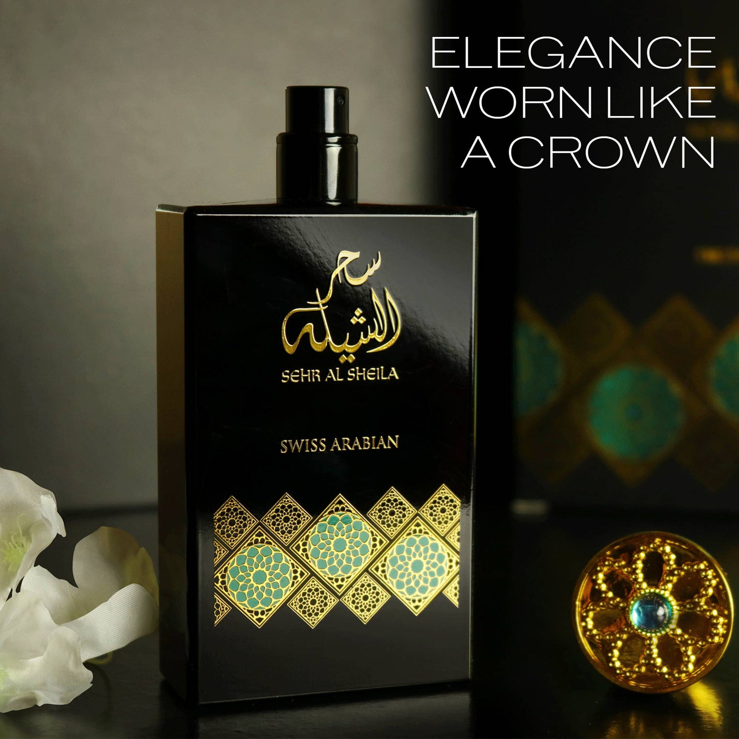 SWISS ARABIAN Sehr Al Sheila Eau de Parfum Flasche mit eleganter Gestaltung, Duftnoten sichtbar auf dem Parfüm.