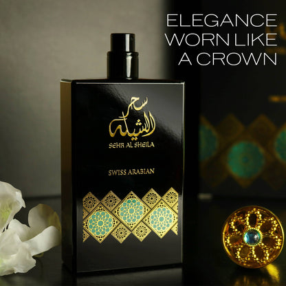 SWISS ARABIAN Sehr Al Sheila Eau de Parfum Flasche mit eleganter Gestaltung, Duftnoten sichtbar auf dem Parfüm.