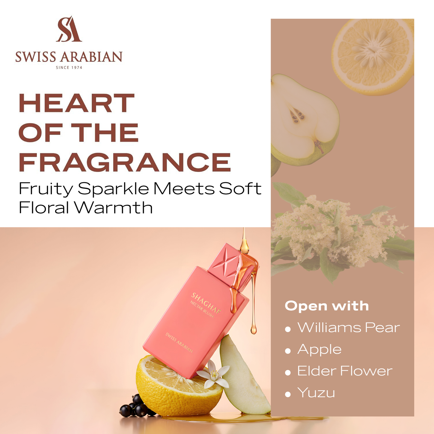 SWISS ARABIAN Nectar Blush Eau de Parfum Flasche mit floralem Design und goldenen Akzenten, elegante Parfümverpackung