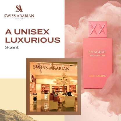 SWISS ARABIAN Nectar Blush Eau de Parfum Flasche mit blassrosa Flüssigkeit und eleganter Verpackung sichtbar