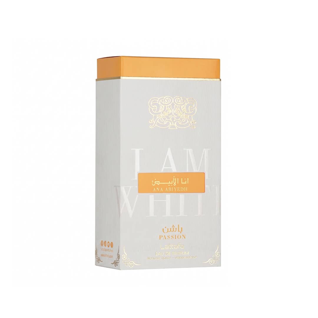 Lattafa Ana Abiyedh Passion Eau de Parfum Flasche mit goldener Verpackung und floralem Design, passend für Damen